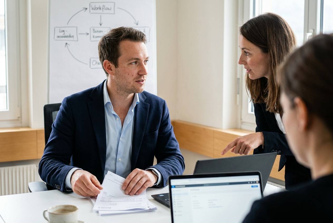 Équipe d'une PME suisse accompagnée par Akasia, agence d'agents IA à Lausanne, automatisant le traitement des factures fournisseurs sur un poste de travail