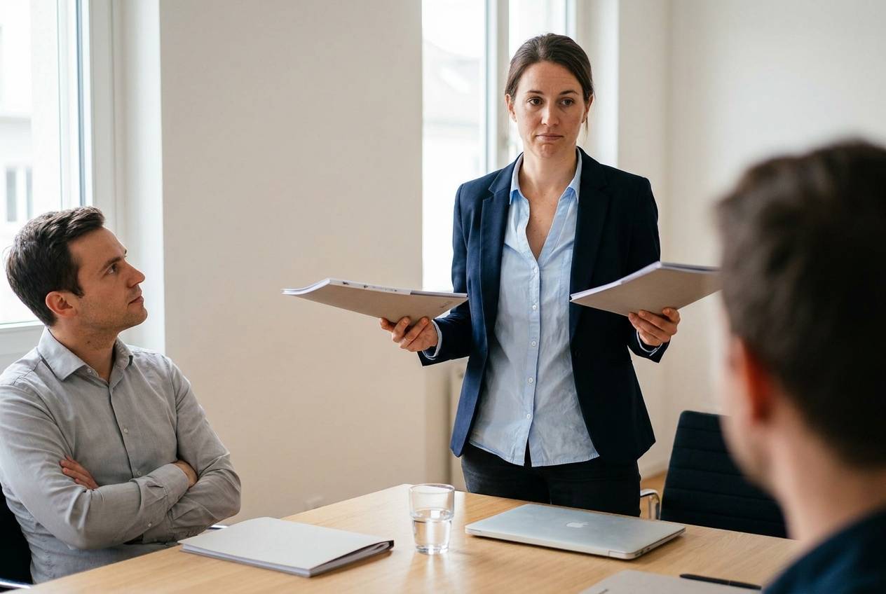 Dirigeante d'une PME romande comparant deux offres de prestataires IA avant de choisir, accompagnée par Akasia, agence d'agents IA à Lausanne
