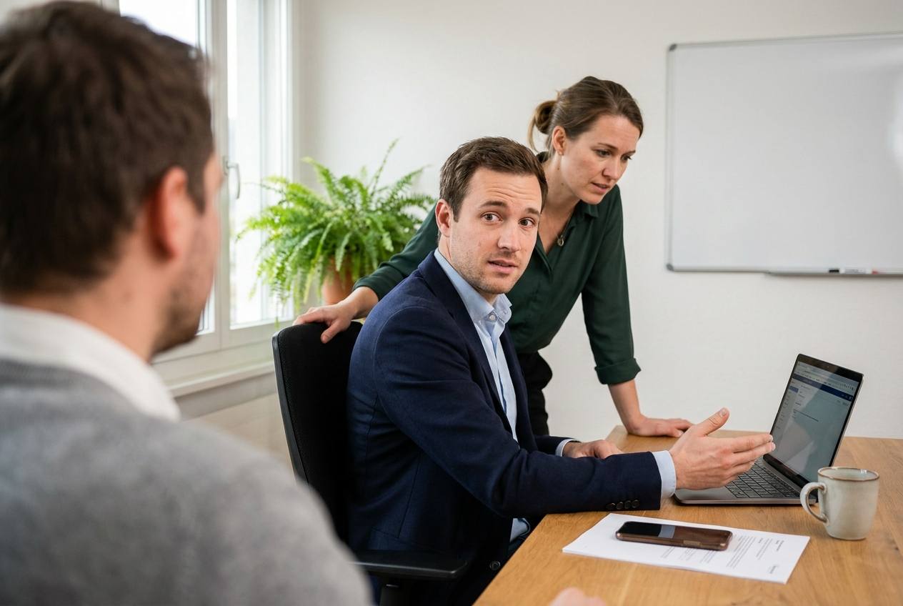 Collaborateur d'une PME suisse montrant à sa responsable l'outil d'IA générative qu'il utilise avec des données clients, encadré par Akasia, agence d'agents IA à Lausanne