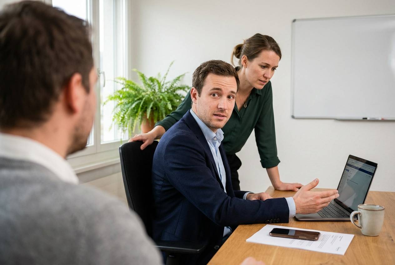 Collaborateur d'une PME suisse montrant à sa responsable l'outil d'IA générative qu'il utilise avec des données clients, encadré par Akasia, agence d'agents IA à Lausanne