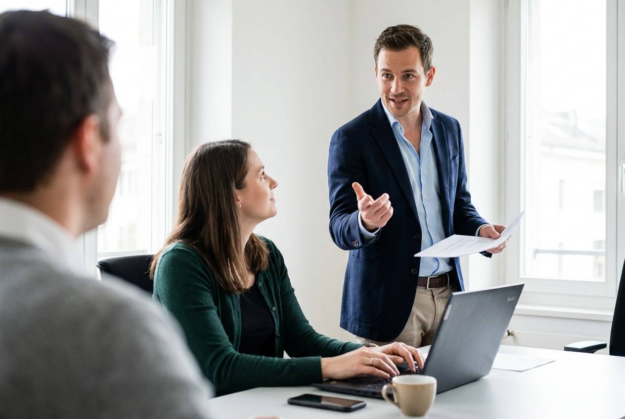 Responsable commercial d'une PME suisse préparant une offre client plus vite grâce à l'IA, avec Akasia, agence d'agents IA à Lausanne