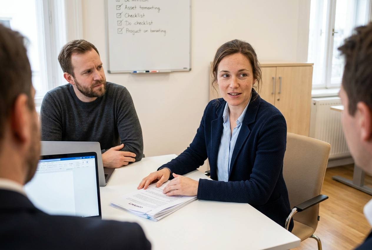Conseillère en protection des données d'Akasia, agence d'agents IA à Lausanne, examinant un contrat de sous-traitance conforme à la nLPD avec un dirigeant de PME