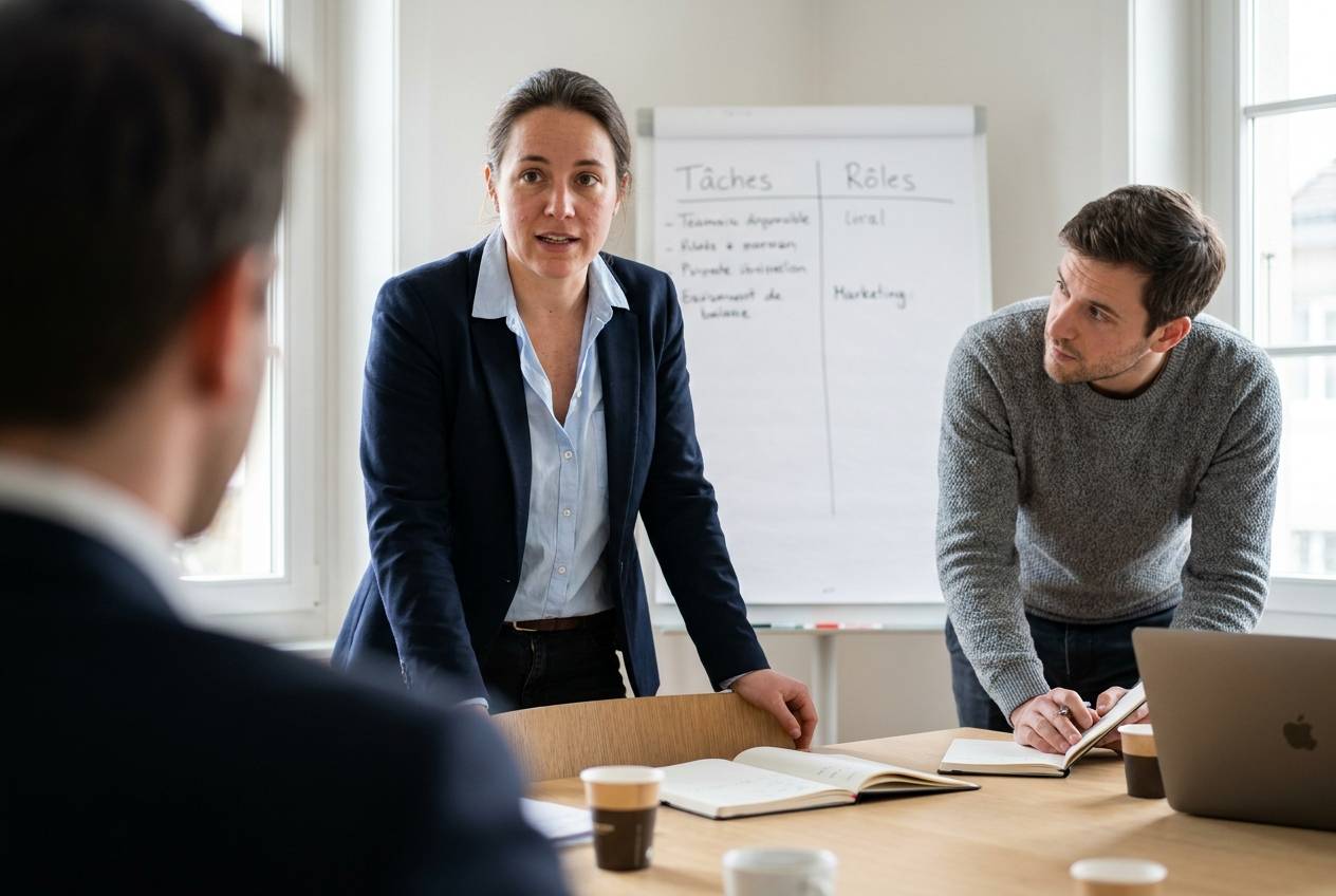 Dirigeante d'une PME suisse expliquant à son collaborateur quelles tâches l'IA reprend et quels rôles évoluent, accompagnée par Akasia, agence d'agents IA à Lausanne