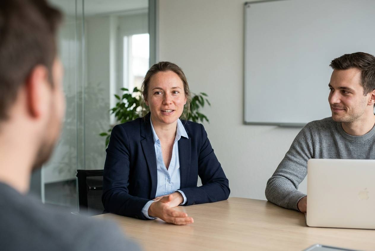 Dirigeante et collaborateur d'une PME suisse en réunion de travail, accompagnés par Akasia, agence d'agents IA à Lausanne