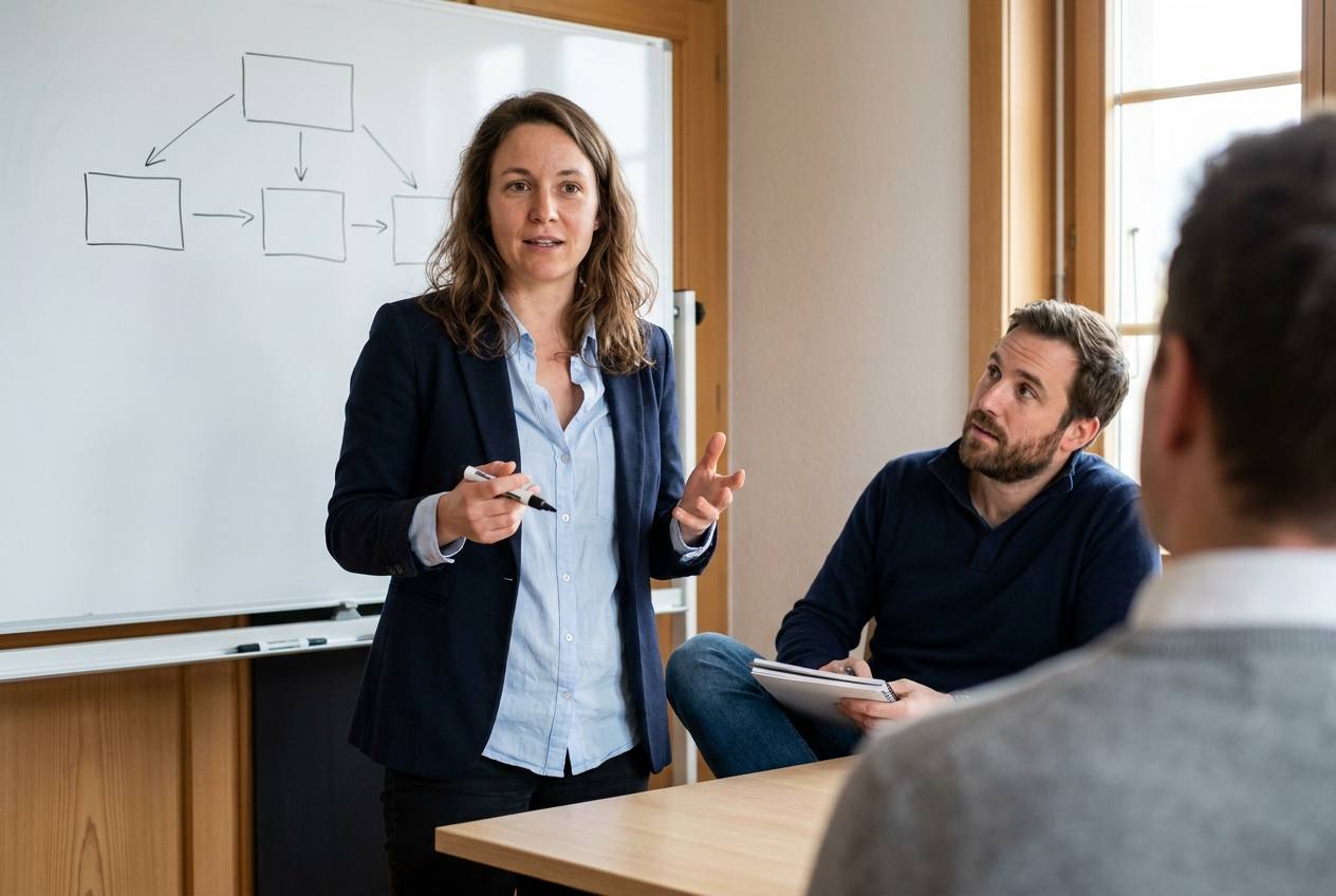 Formatrice d'Akasia, agence d'agents IA à Lausanne, expliquant au tableau la différence entre agent IA, assistant et automatisation