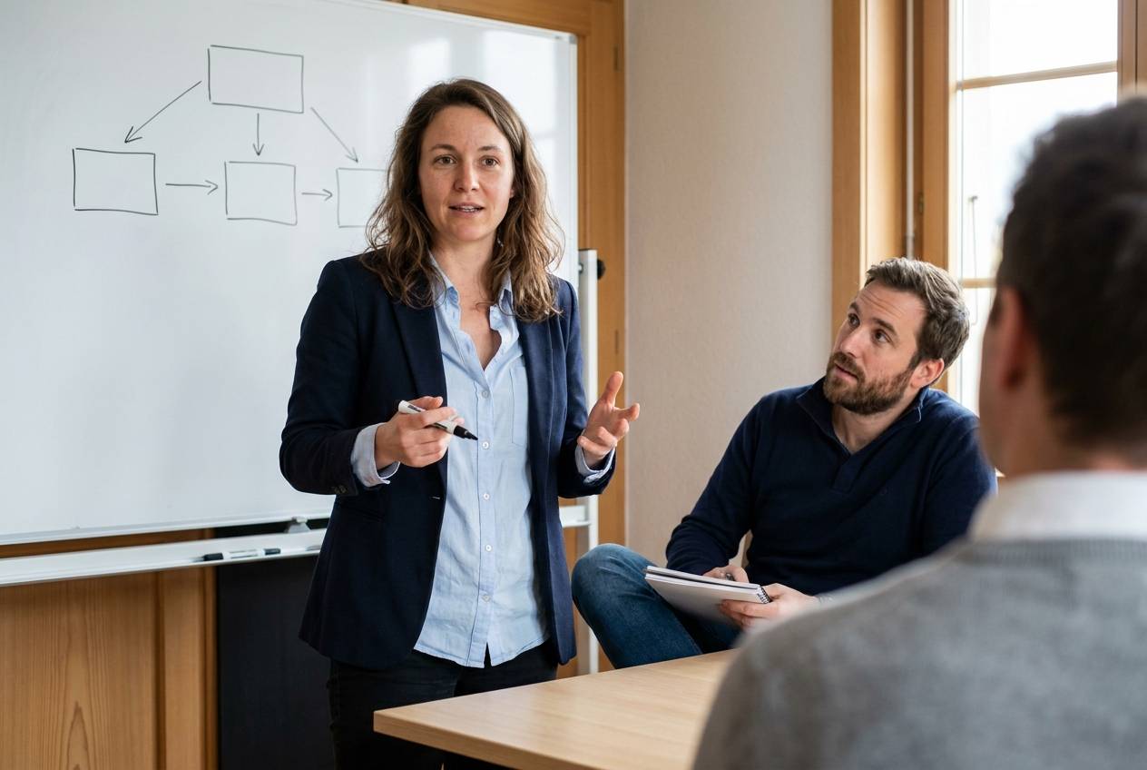 Formatrice d'Akasia, agence d'agents IA à Lausanne, expliquant au tableau la différence entre agent IA, assistant et automatisation