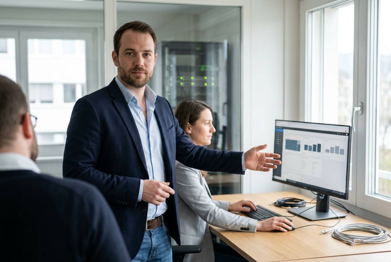 Spécialiste infrastructure d'Akasia, agence d'agents IA à Lausanne, expliquant à une dirigeante de PME où sont hébergées ses données en Suisse