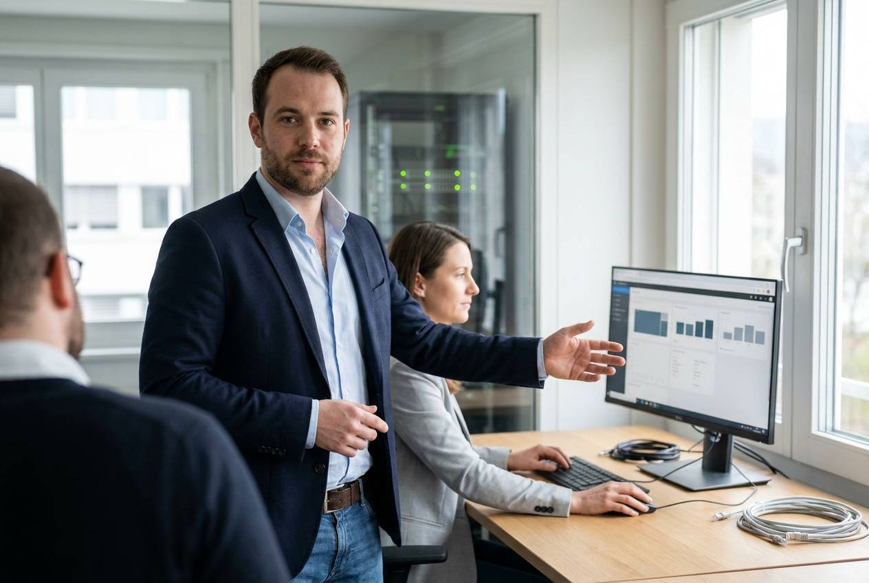 Spécialiste infrastructure d'Akasia, agence d'agents IA à Lausanne, expliquant à une dirigeante de PME où sont hébergées ses données en Suisse
