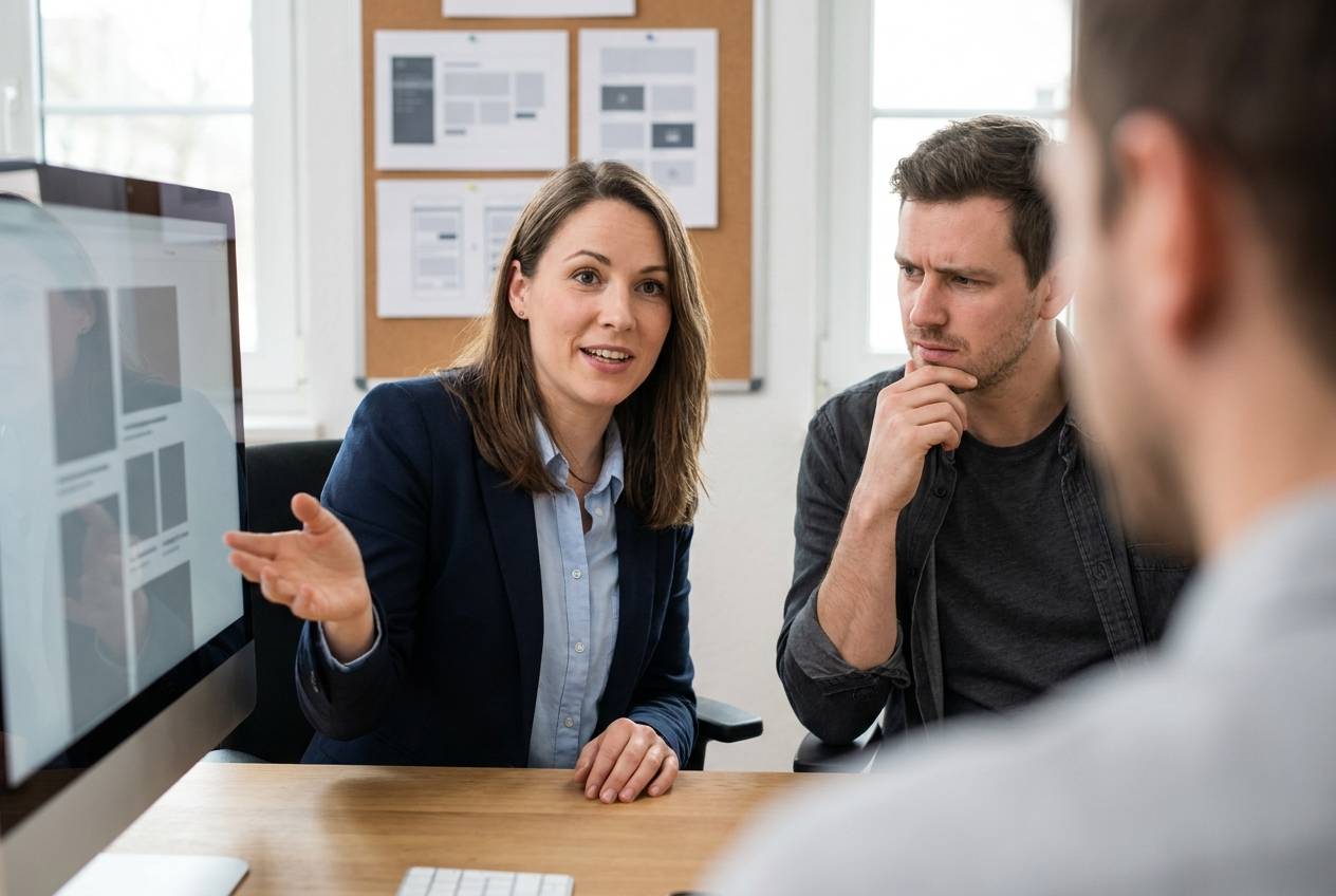 Responsable marketing d'une PME suisse relisant des contenus produits par l'IA, accompagnée par Akasia, agence d'agents IA à Lausanne