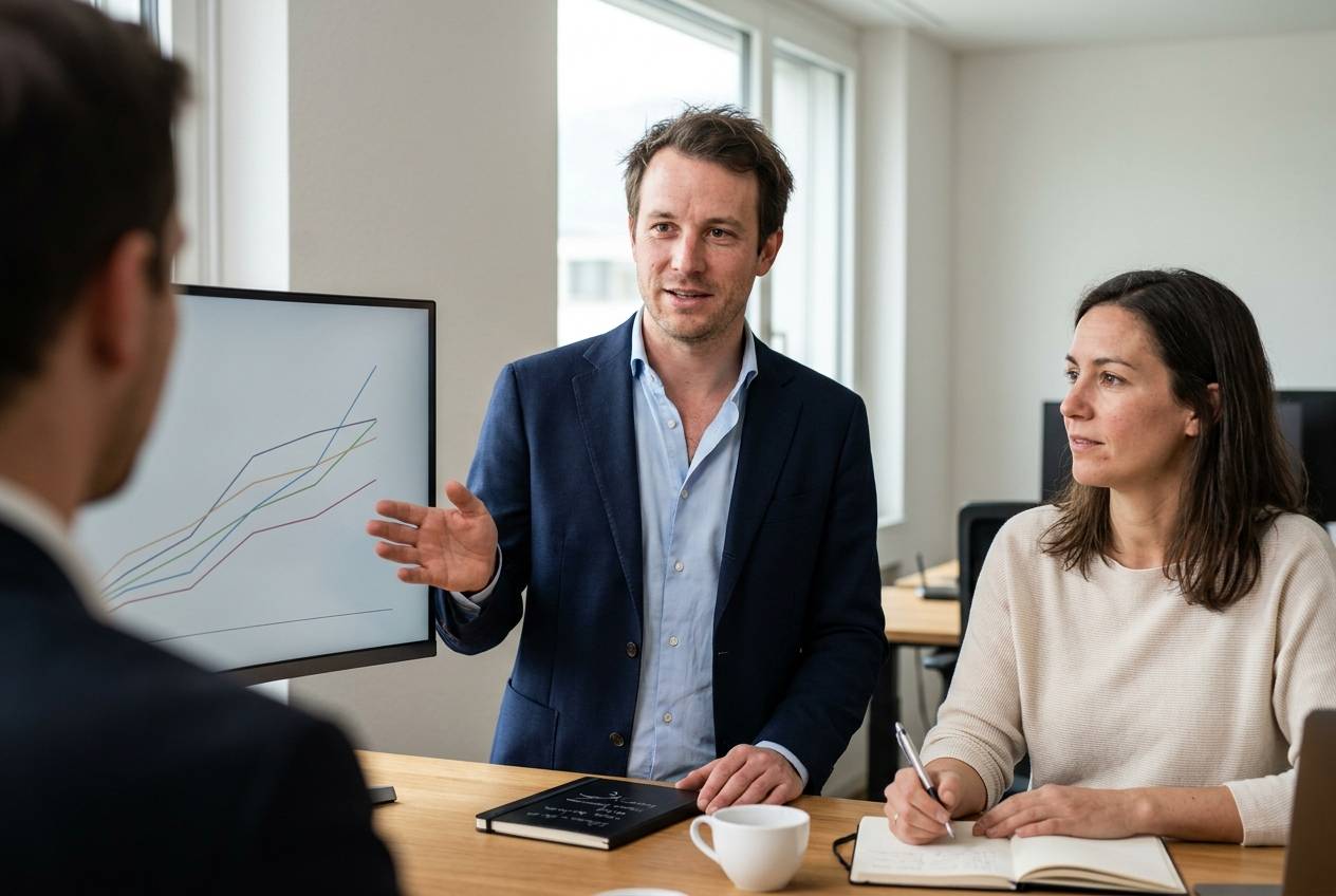 Consultant d'Akasia, agence d'agents IA à Lausanne, présentant à une responsable de PME le retour sur investissement d'une automatisation