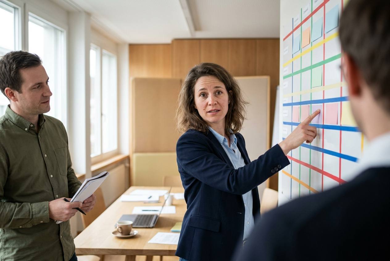 Cheffe de projet d'Akasia, agence d'agents IA à Lausanne, déroulant le planning d'un projet d'automatisation devant un tableau de planification