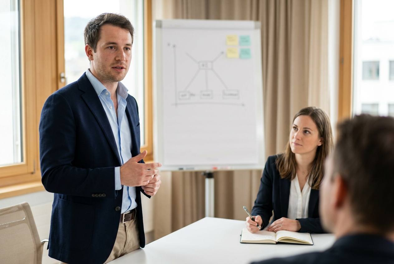 Consultant en IA d'Akasia, agence d'agents IA à Lausanne, présentant les trois étapes d'un premier projet d'automatisation à une dirigeante de PME suisse