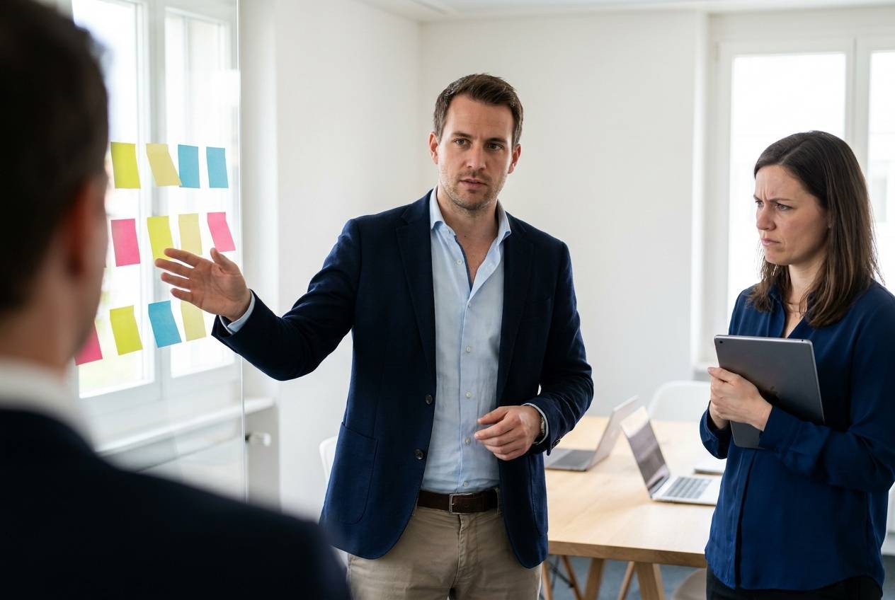 Revue d'un projet d'IA en PME suisse devant un mur de post-it, pour identifier les erreurs à éviter, avec Akasia, agence d'agents IA à Lausanne