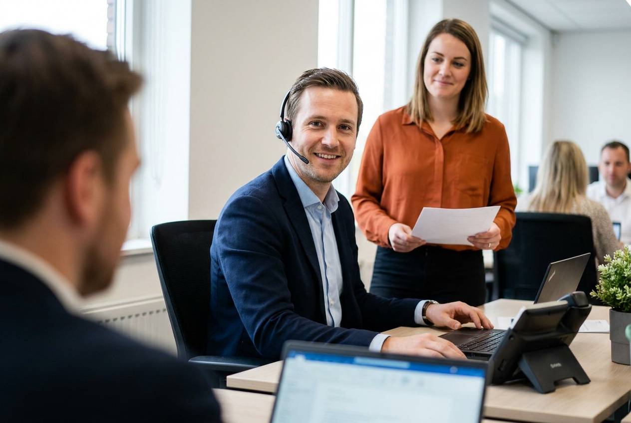 Conseiller du service client d'une PME suisse répondant à un client en quelques minutes grâce à l'IA, avec Akasia, agence d'agents IA à Lausanne