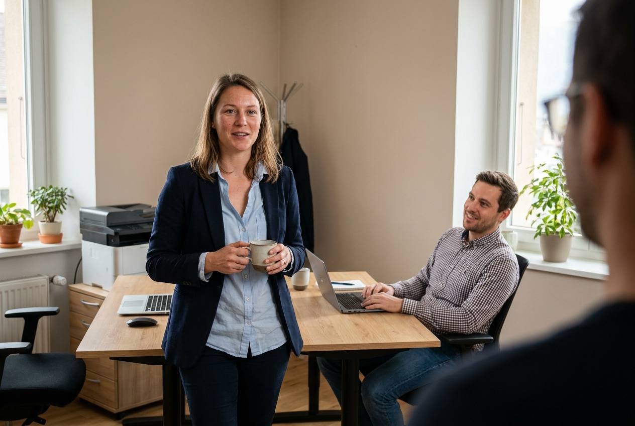 Dirigeante d'une très petite entreprise suisse de moins de dix employés discutant IA avec son collaborateur, avec Akasia, agence d'agents IA à Lausanne