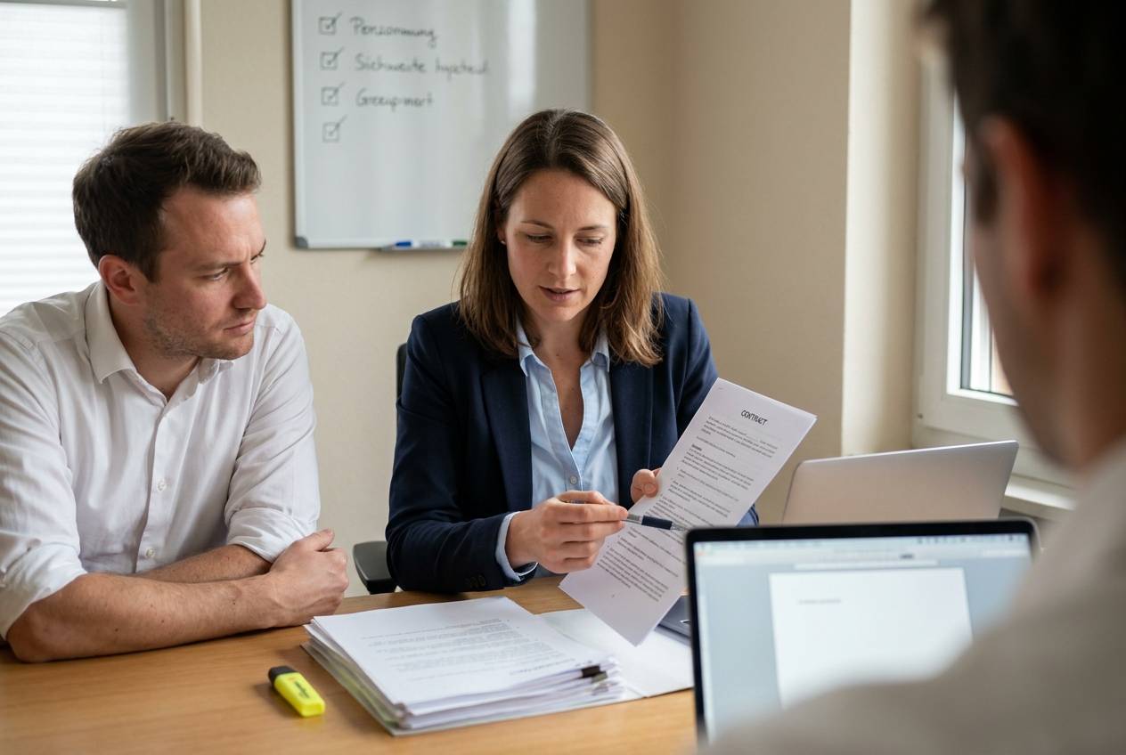Conseillère en protection des données d'Akasia, agence d'agents IA à Lausanne, vérifiant clause par clause un contrat de sous-traitance conforme à la nLPD avec le dirigeant d'une PME