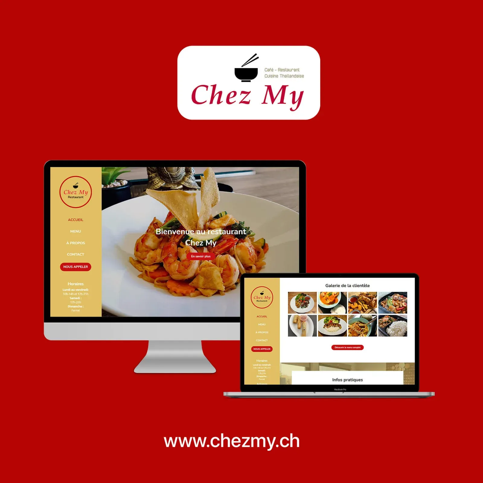Site du restaurant thaïlandais Chez My, avec menu et galerie de plats, présenté sur ordinateur et portable