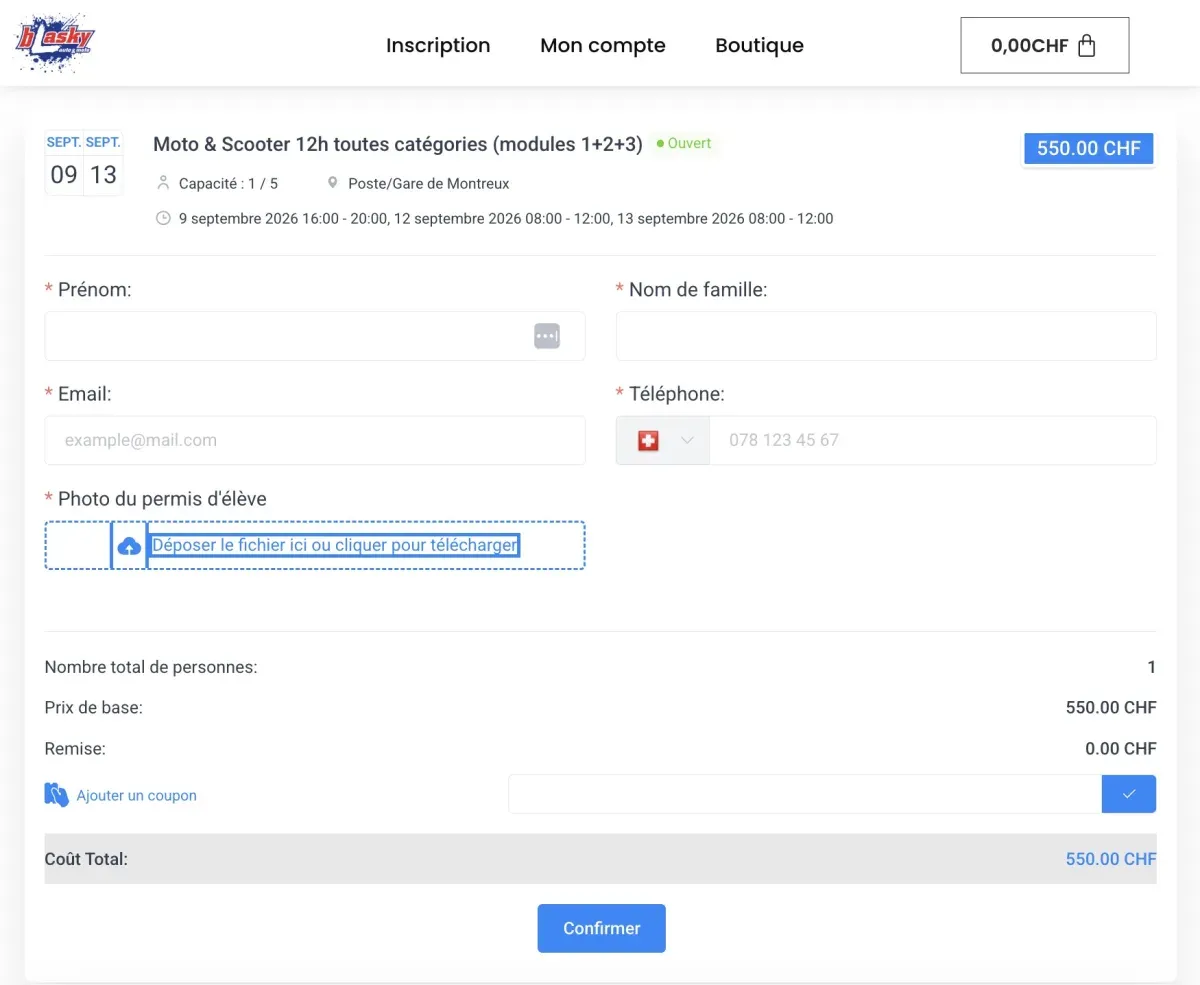 Système de réservation en ligne automatisé mis en place par Akasia pour l'auto-école Blasky à Montreux : inscription à un cours moto avec paiement intégré