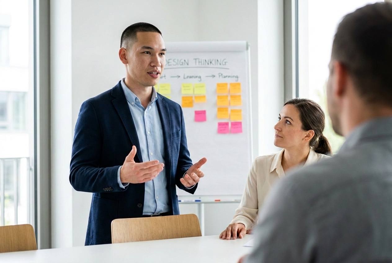 Larry Lam, fondateur d'Akasia, présentant une démarche d'automatisation par l'IA devant un tableau de design thinking à deux dirigeants de PME suisse réunis autour d'une table de réunion