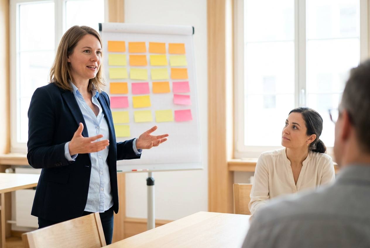 Consultante d'Akasia, agence d'agents IA à Lausanne, présentant une démarche d'automatisation par l'IA à deux dirigeants de PME suisse réunis autour d'une table de réunion